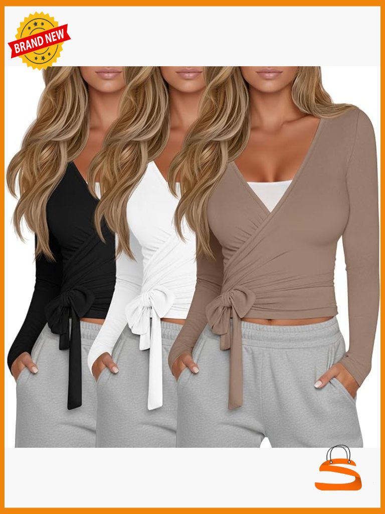 3 Pack Long Sleeve Wrap Tops Yoga Ballet Workout Shirts Deep V Neck Tie Front